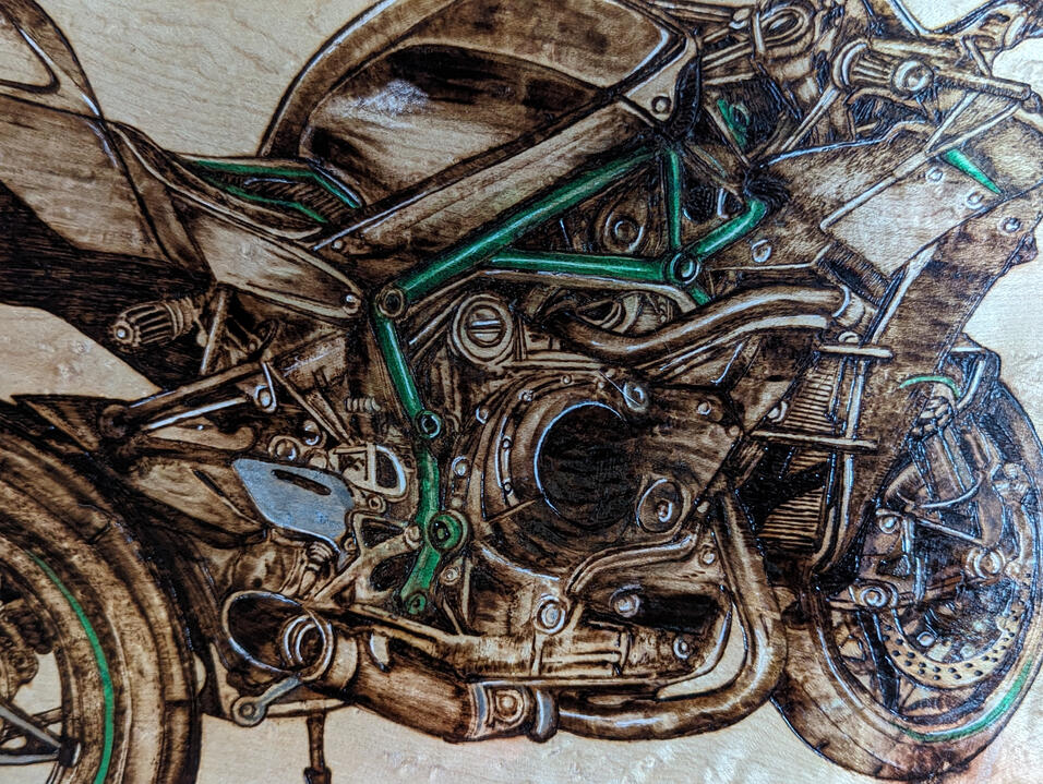 Motorcycle on Live Edge Curly Maple Motorcycle on Live Edge Curly Maple