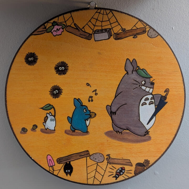"Hey, Let's Go! Totoro" on Basswood with Leather Border "Hey, Let's Go! Totoro" on Basswood with Leather Border